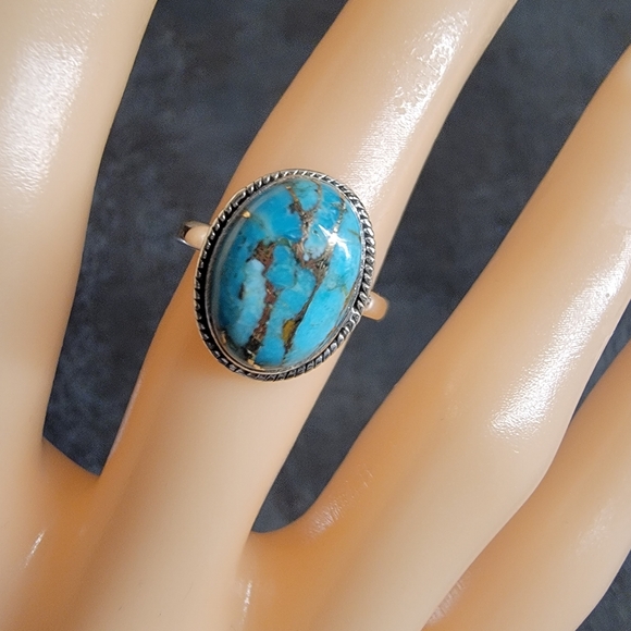 Native Copper Turquoise Gemstone Ring 8 Sterling Silver Boho Size Womens - Picture 2 of 3
